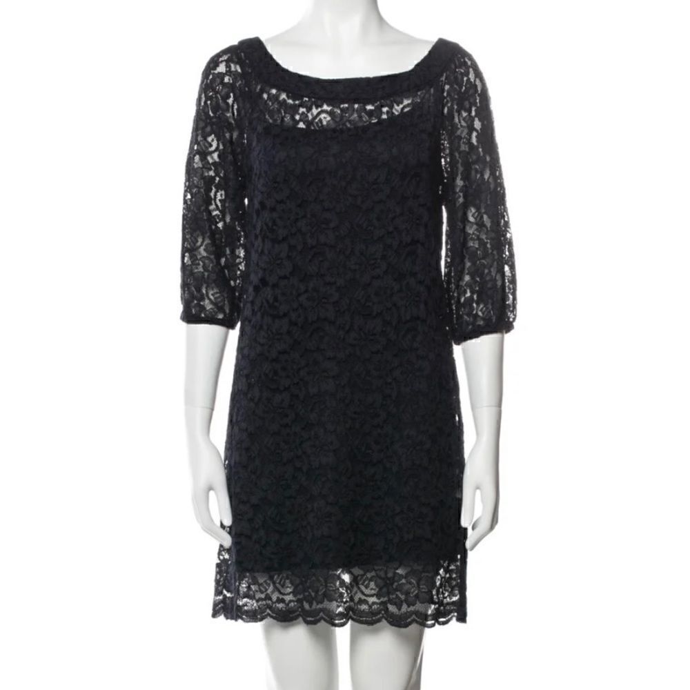 Diane Von Furstenberg Dress Womens Size 4 Mini Lace Black Sheer 3/4 Sleeves